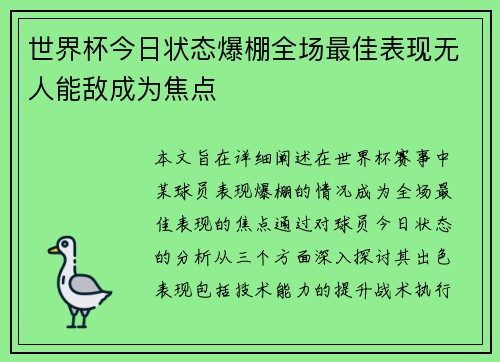 世界杯今日状态爆棚全场最佳表现无人能敌成为焦点
